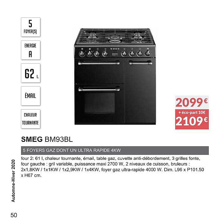 smeg bm93bl 5 foyers gaz dont un ultra rapide 4kw
