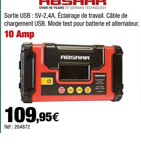 sortie usb : 5v - 2,4a. éclairage de travail. câble de chargement usb. mode test pour batterie et alternateur absaar