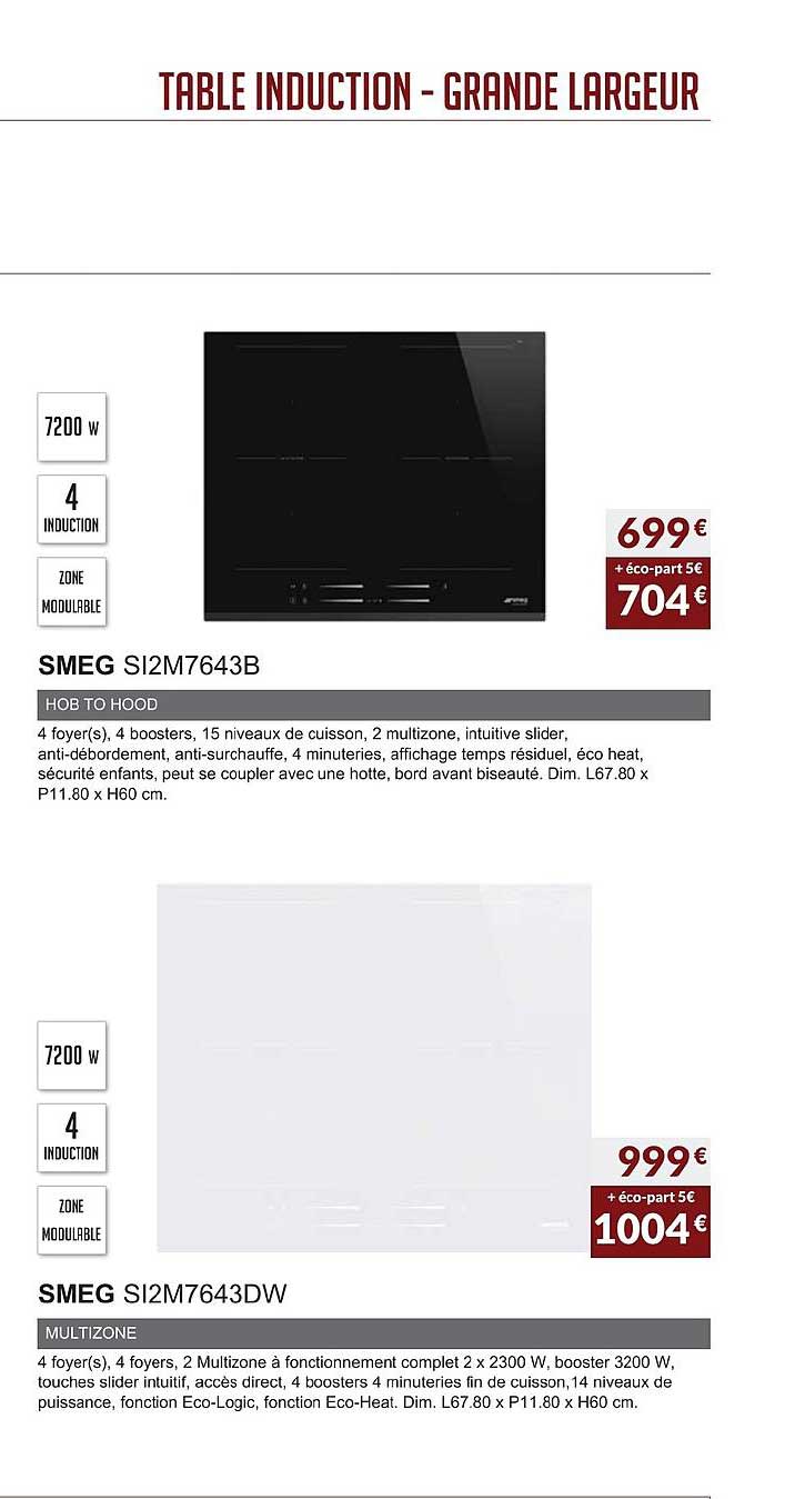 table induction grande largeur smeg si2m7643b smeg si2m7643dw