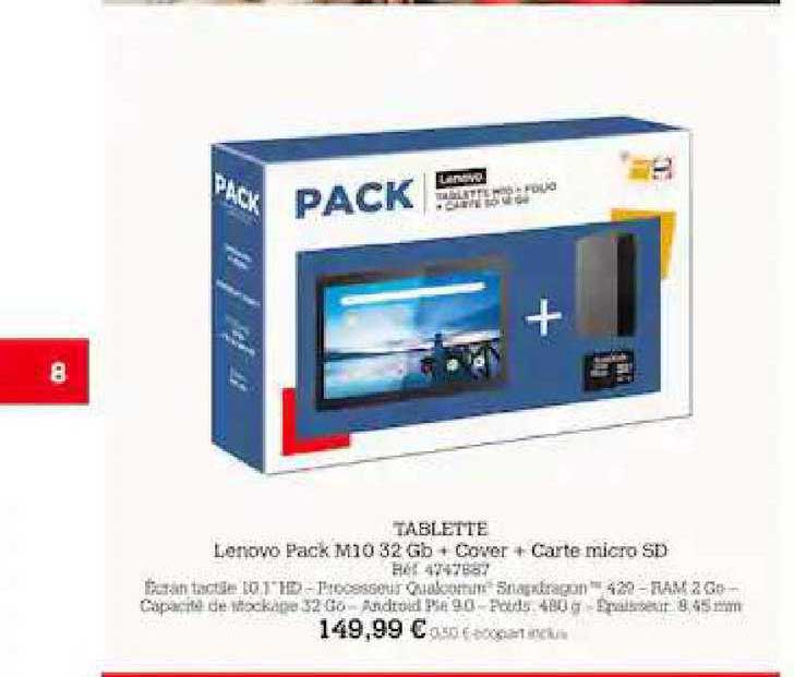 tablette lenovo pack m10 32 gb + cover + carte micro sd