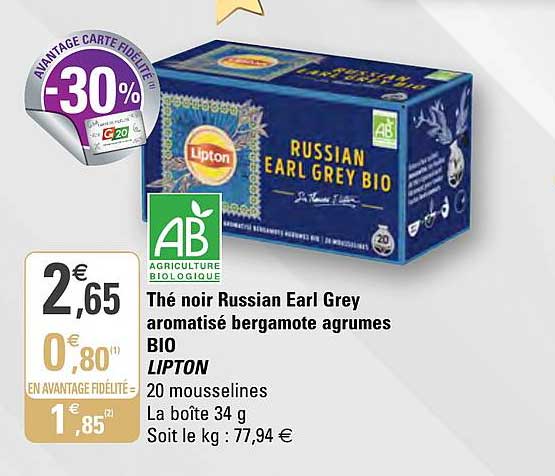 thé noir russian earl grey aromatisé bergamote agrumes bio lipton