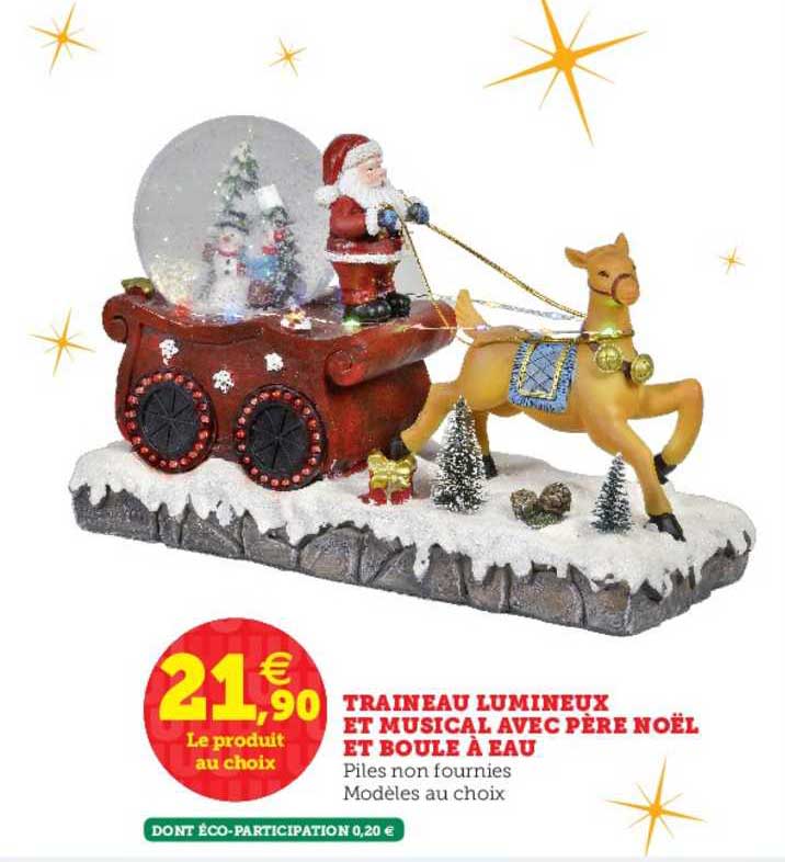 traîneau lumineux et musical avec père noël et boule à eau