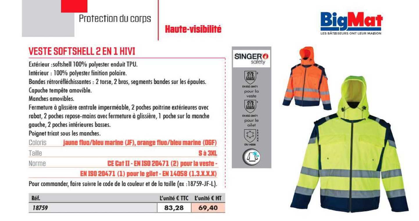 veste softshell 2 en 1 hivi singer safety