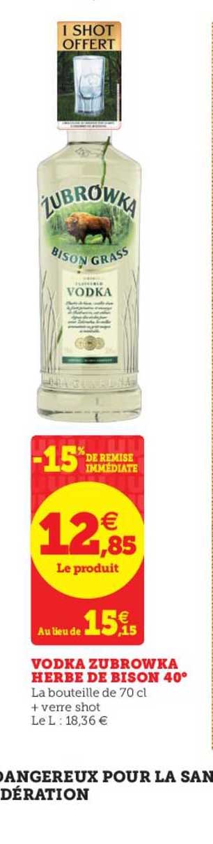 vodka zubrowka herbe de bison 40° -15% de remise immédiate