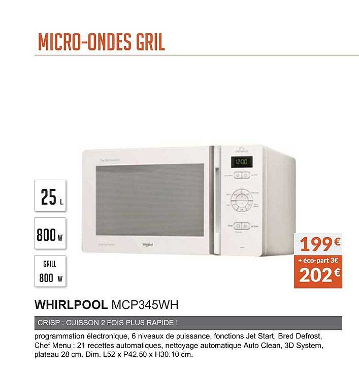 micro ondes gril whirlpool mcp345wh crisp cuisson 2 fois plus rapide !