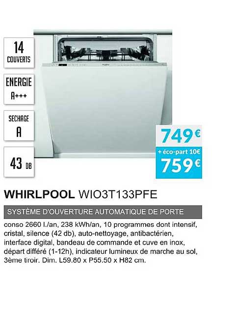 whirlpool wio3t133pfe système d'ouverture automatique de porte