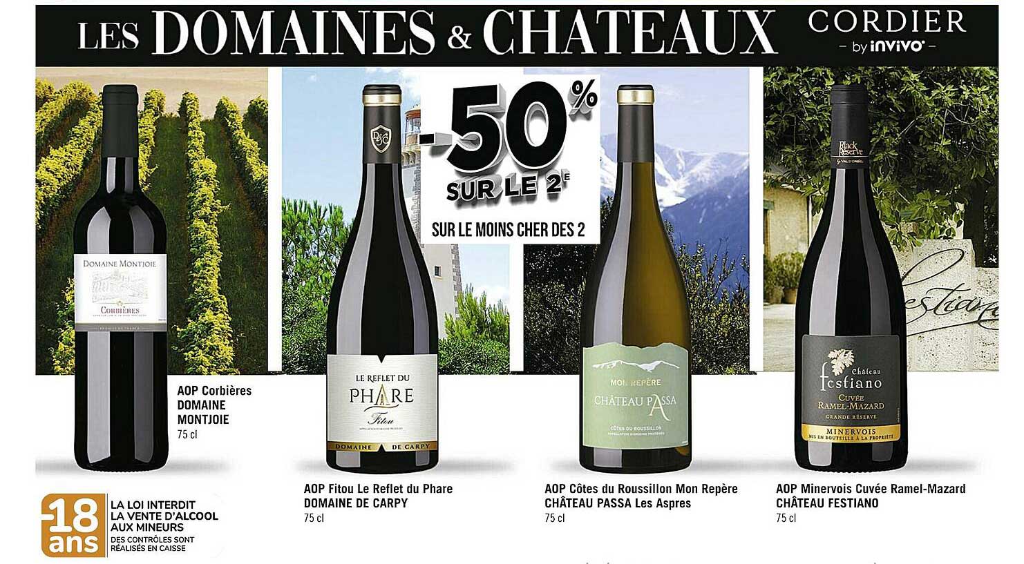 aop corbières domaine montjoie, aop fitou le reflet du phare domaine de carpy, aop côtes du roussillon mon repère château passa les aspres, aop minervois cuvée ramel-mazard château festiano