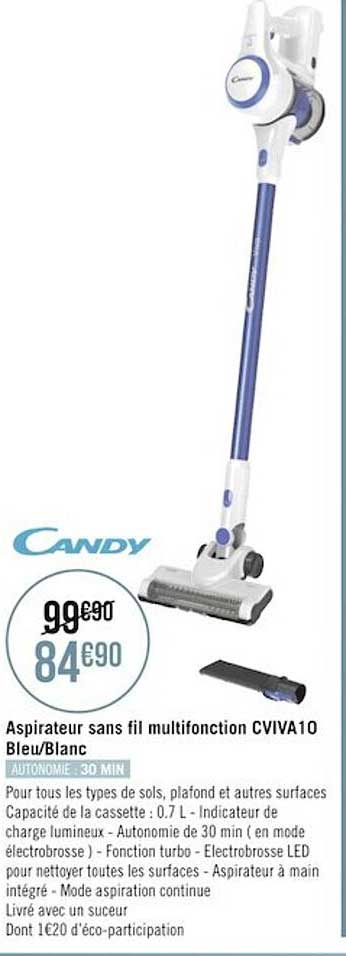 aspirateur sans fil multifonction cviva10 bleu-blanc candy