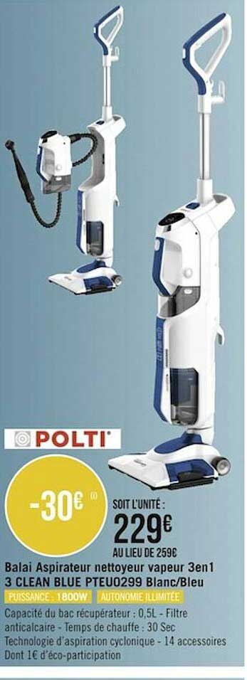 balai aspirateur nettoyeur vapeur 3 en 1 3 clean blue blanc-bleu polti