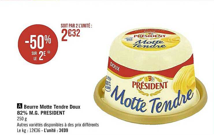 beurre motte tendre doux 82% m.g. président