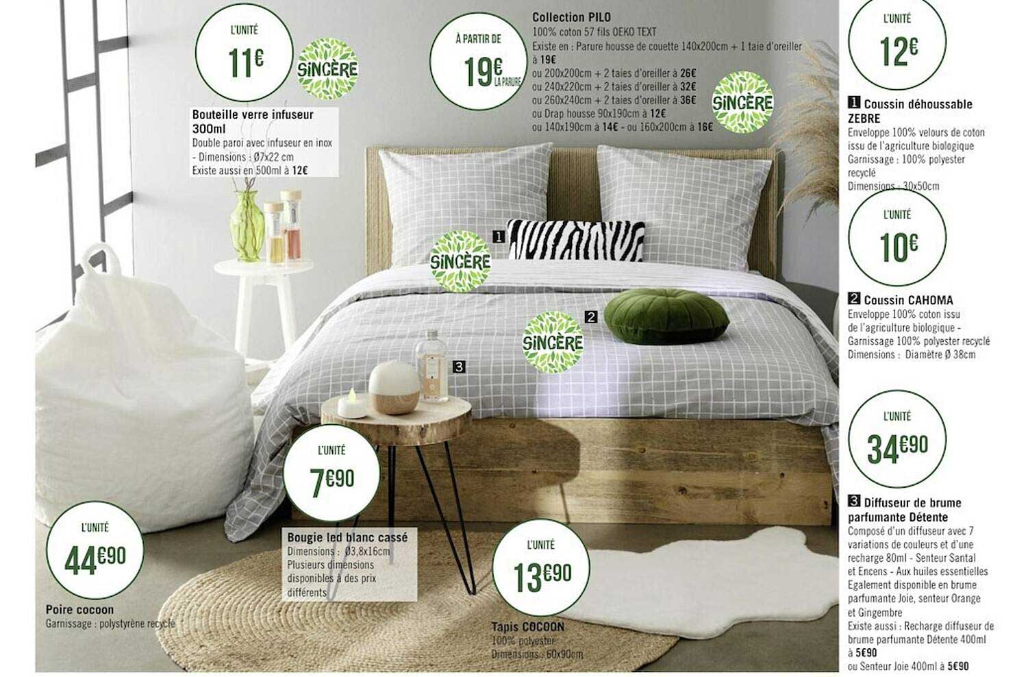 bouteille verre infuseur 300 ml, poire cocoon, bougie led blanc cassé, tapis cocoon, collection pilo, coussin déhoussable zèbre, coussin cahoma, diffuseur de brume parfumante détente