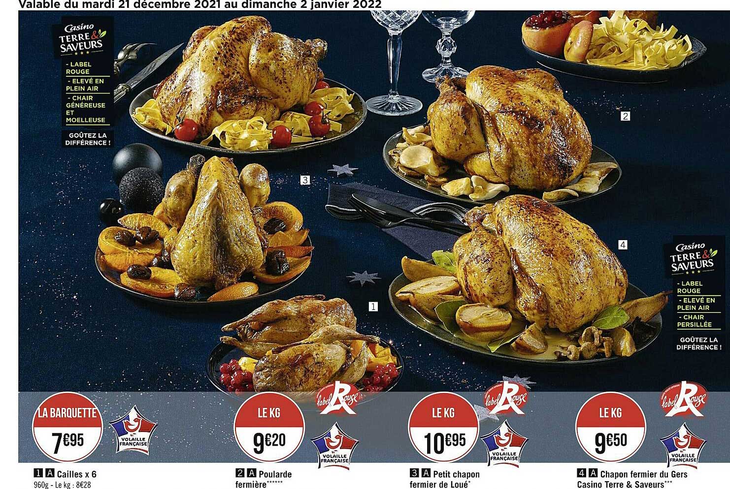 cailles x6, poularde fermière, petit chapon fermier de loué, chapon fermier du gers casino terre & saveurs