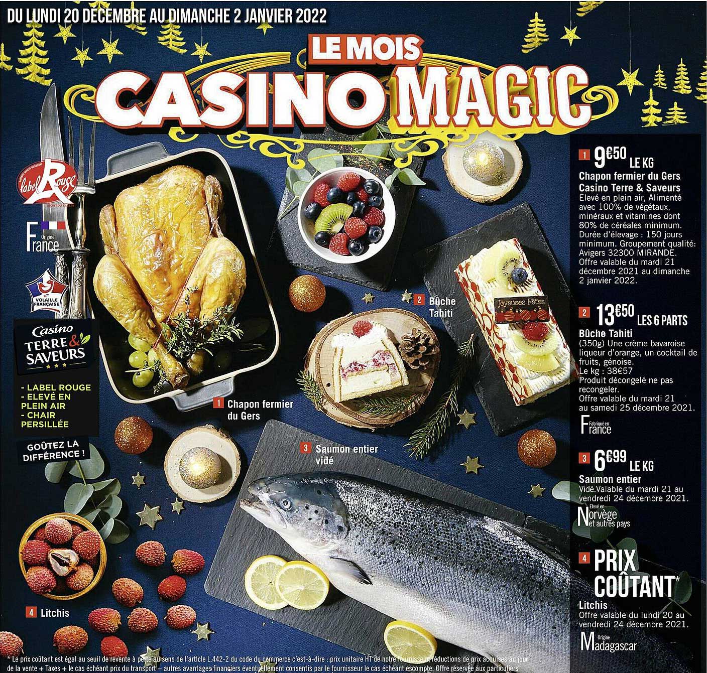 chapon fermier du gers casino terre & saveurs, bûche tahiti, saumon entier, litchis