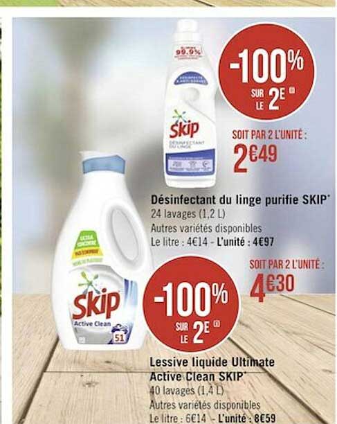 désinfectant du linge purifie skip, lessive liquide ultimate active clean skip