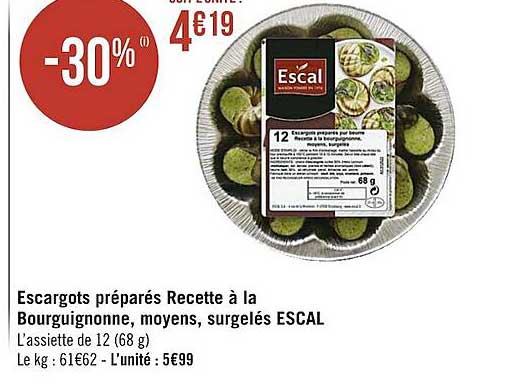 escargots préparés recette à la bourguignonne, moyens, surgelés escal