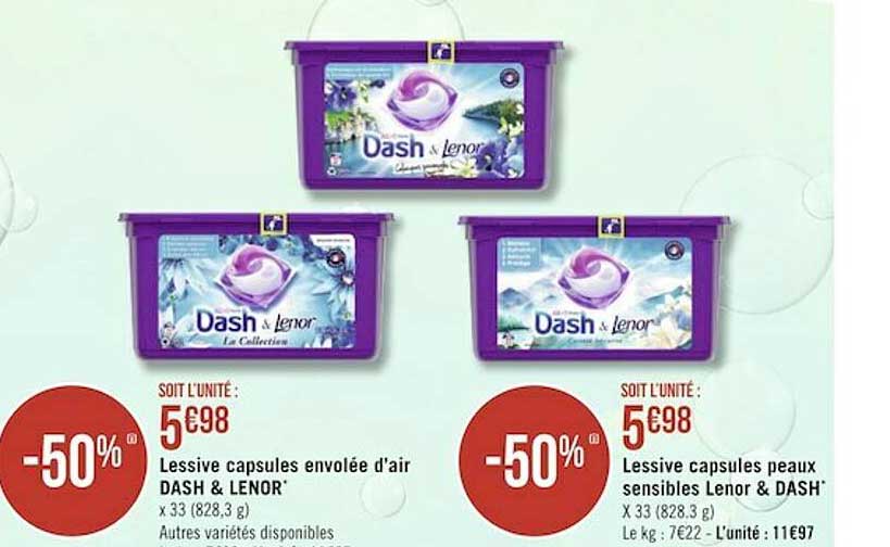 lessive capsules envolée d'air dash & lenor, lessive capsules peau sensibles lenor & dash