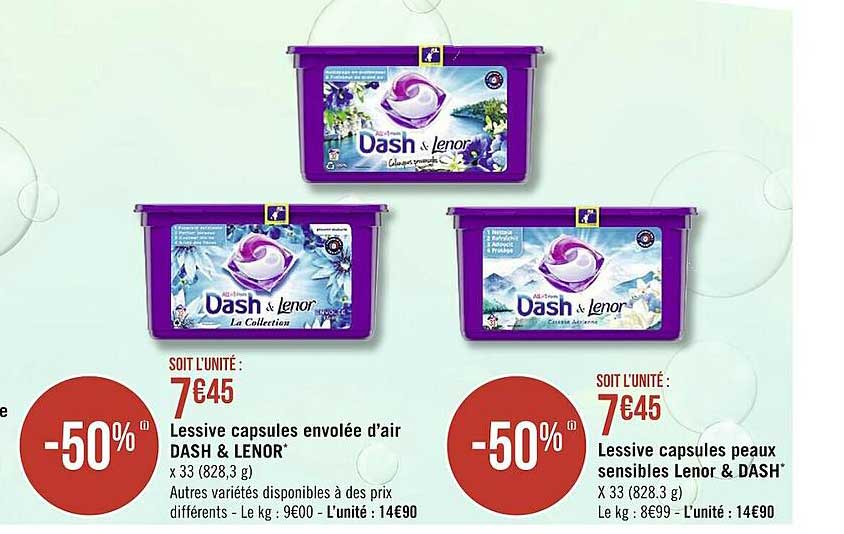 lessive capsules envolée d'air dash & lenor, lessive capsules peaux sensibles lenor & dash