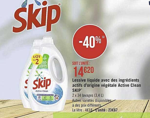 lessive liquide avec des ingrédients actifs d'origine végétale active clean skip