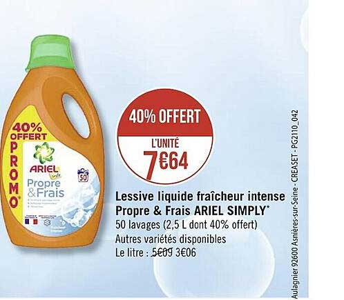 lessive liquide fraîcheur intense propre & frais ariel simply