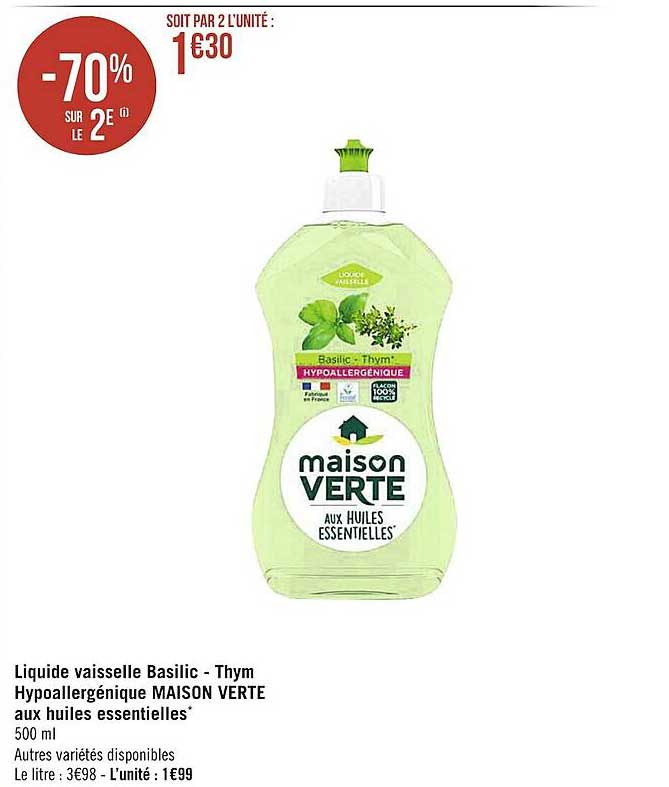 liquide vaisselle basilic - thym hypoallergénique maison verte aux huiles essentielles