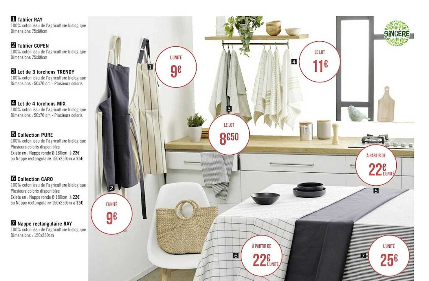 tablier ray, tablier copen, lot de 3 torchons trendy, lot de 4 torchons mix, collection pure, collection caro, nappe rectangulaire ray