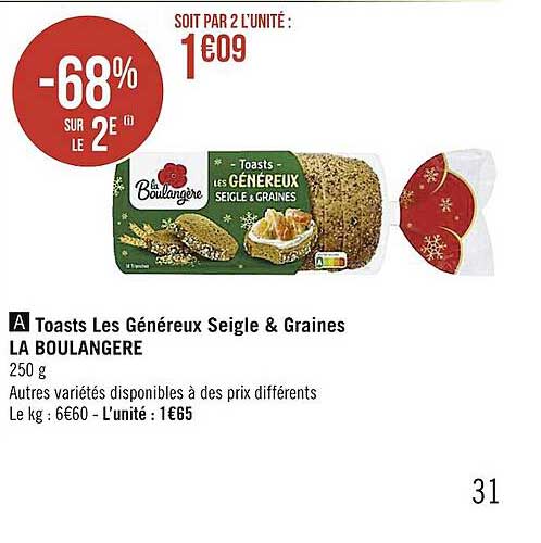 Toasts Les Généreux Seigle & Graines La Boulangère