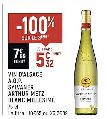 vin d'alsace a.o.p. sylvaner arthur metz blanc millésimé