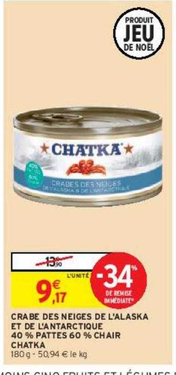 crabe des neiges de l'alaska et de l'antarctique 40% pattes 60% chair chatka