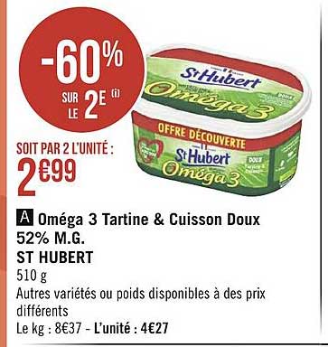 oméga 3 tartine & cuisson doux 52% m.g. st hubert -60% sur le 2e