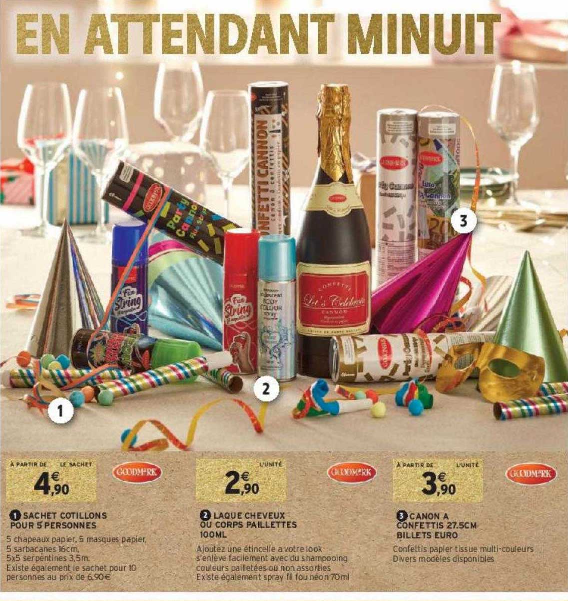 sachet cotillons pour 5 personnes, laque cheveux du corps paillettes 100ml, canon à confettis 27,5 cm billets euro