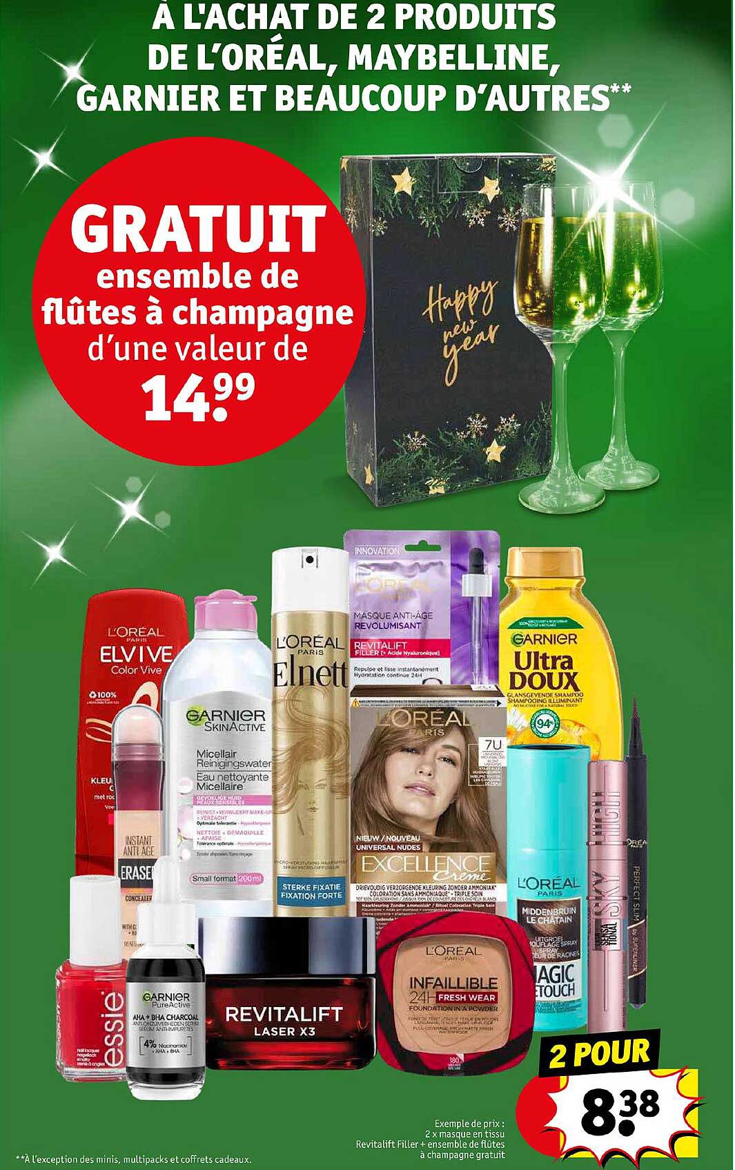 2 produits de l'oréal, maybelline, garnier et beaucoup d'autres, ensemble de flûtes à champagne