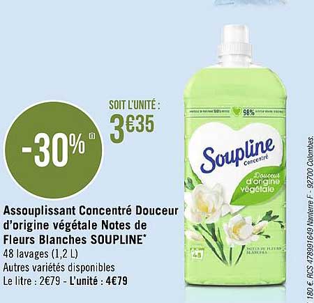 assouplissant concentré douceur d'origine végétale notes de fleurs blanches soupline