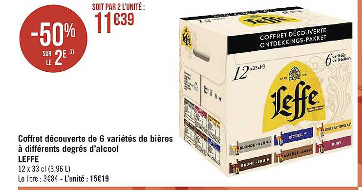 coffret découverte de 6 variétés de bières à différents degrés d'alcool leffe -50% sur le 2e