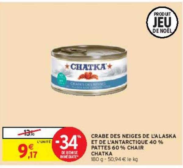 crabe des neiges de l'alaska et de l'antarctique 40% pattes 60% chair chatka