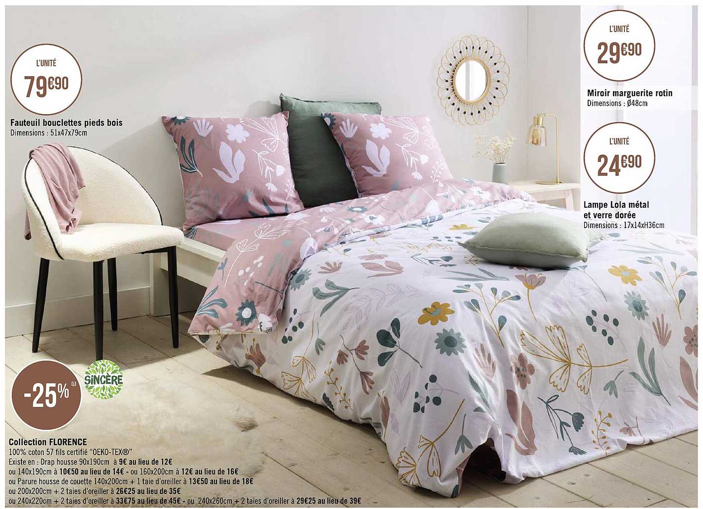 fauteuil bouclettes pieds bois, collection florence sincère, miroir marguerite rotin, lampe lola métal et verre dorée