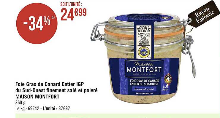 foie gras de canard entier igp du sud-ouest finement salé et poivré maison montfort