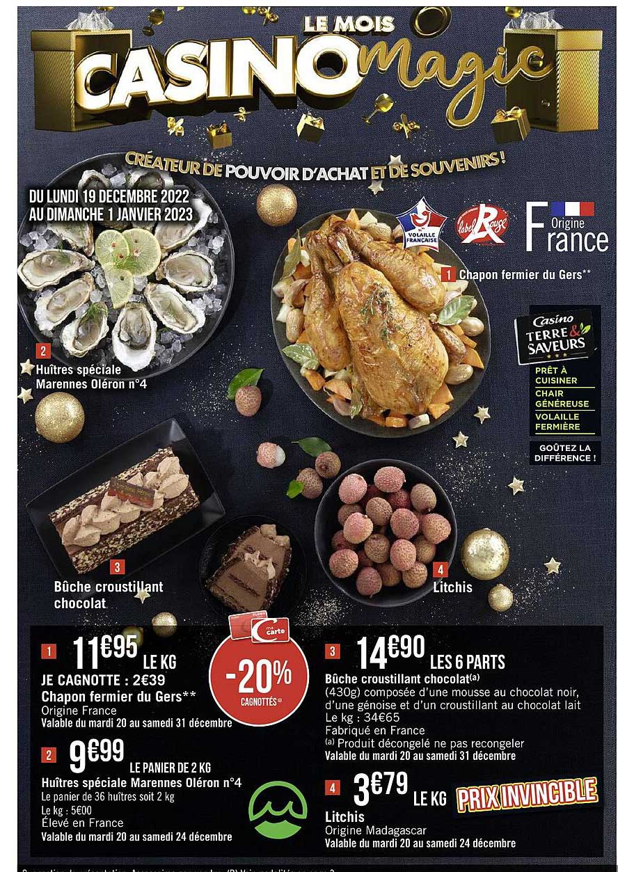 huîtres spéciale marennes oléron n°4, chapon fermier du gers, bûche croustillant chocolat, litchis