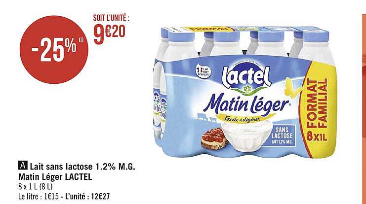lait sans lactose 1.2% m.g. matin léger lactel