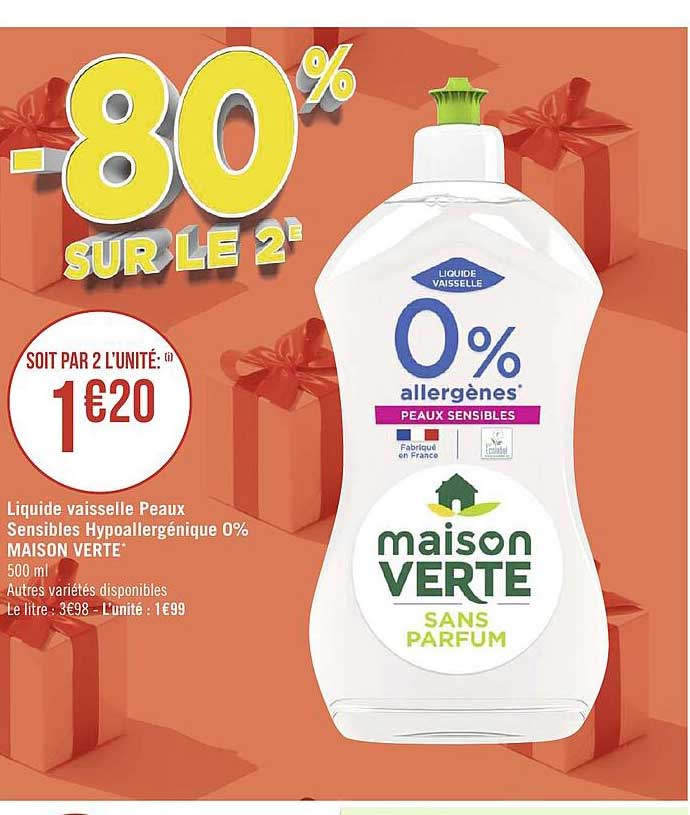liquide vaisselle peaux sensibles hypoallergénique 0% maison verte