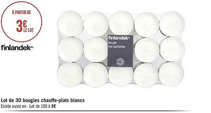lot de 30 bougies chauffe-plats blanc finlandek