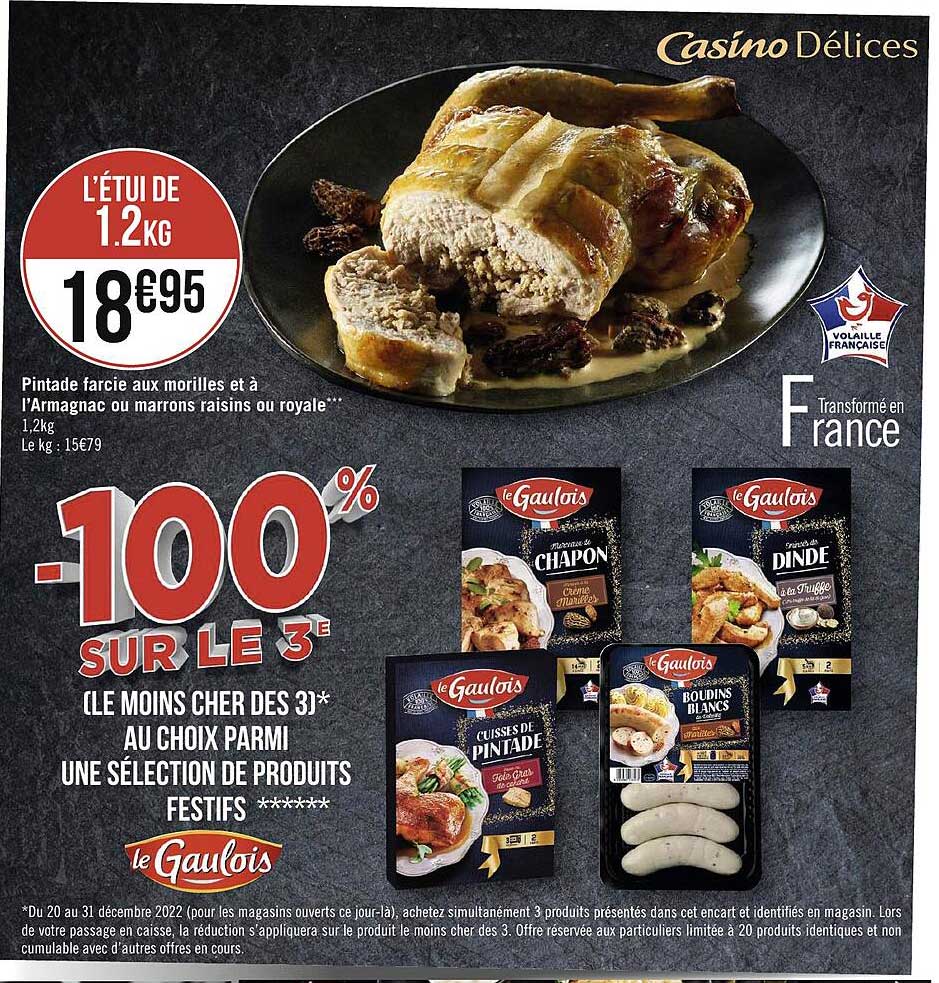 pintade farcie aux morilles et à l'armagnac ou marrons raisins ou royale, produits festifs le gaulois