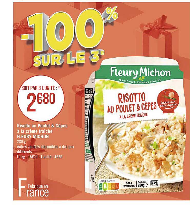 risotto au poulet & cèpes à la crème fraîche fleury michon -100% sur le 3e