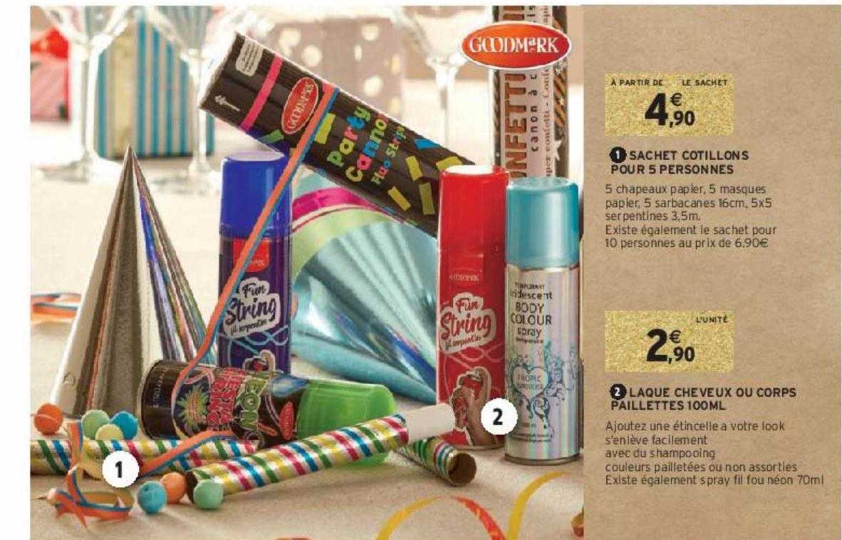 sachet cotillons pour 5 personnes, laque cheveux ou corps paillettes 100ml