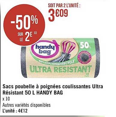 Sacs Poubelle à Poignées Coulissantes Ultra Résistant 50l Handy Bag