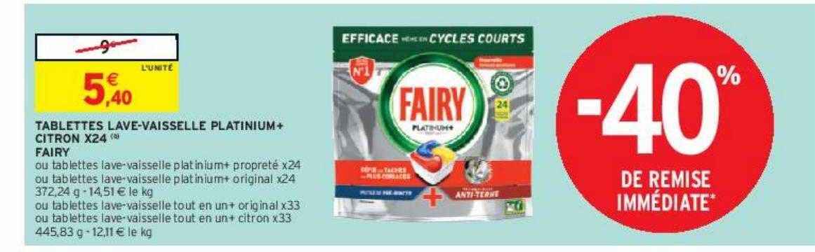 tablettes lave-vaisselle platinium+ citron x24 fairy