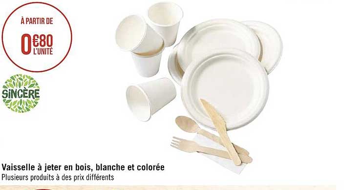 vaisselle à jeter en bois, blanche et colorée sincère