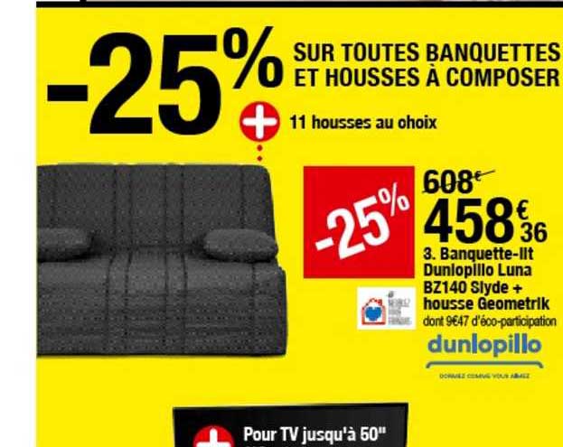 banquette-lit dunlopillo luna bz140 slyde + housse geometrik