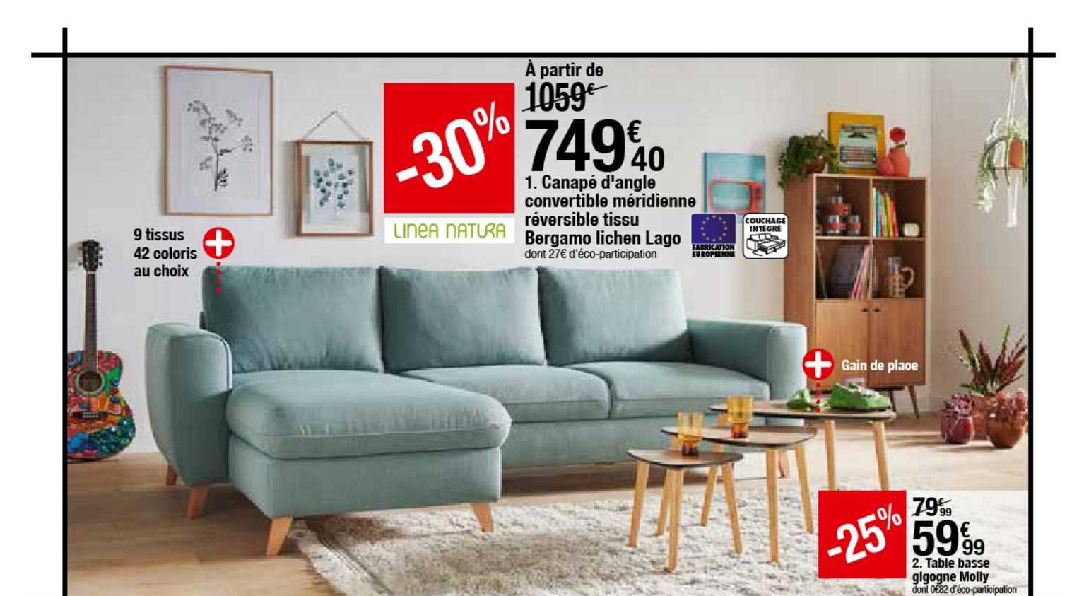 canapé d'angle convertible méridienne réversible tissu bergamo lichen lago