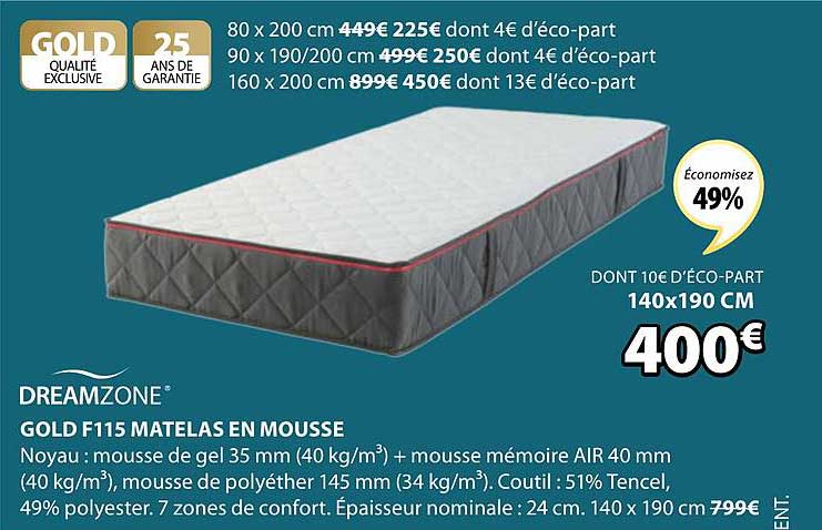 gold f115 matelas en mousse dreamzone
