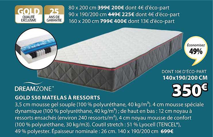 gold s50 matelas à ressorts dreamzone